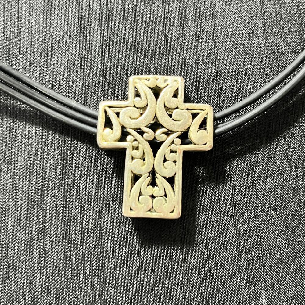 Unbranded Sterling Cross Double Sided 3-Strand Black Cord Necklace Silver Black - Picture 2 of 4